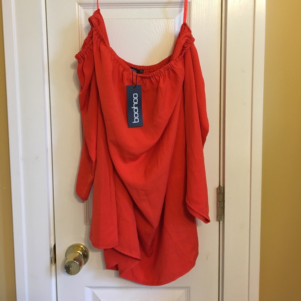 Boohoo Bright Red Long Sleeve Off-Shoulder Dress